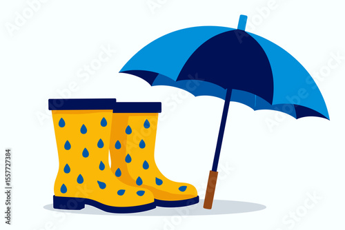 Yellow Rain Boots with Blue Raindrops and a Blue Umbrella Illustration for Rainy Weather