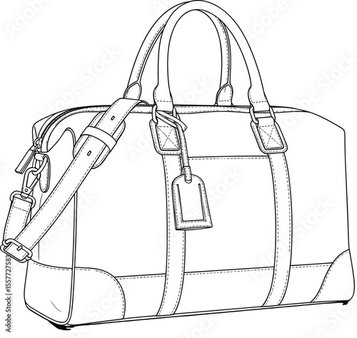 Stylish Leather Travel Duffel Bag CAD Drawing Flat Vector Illustration - Modern Luggage Design for Fashion, Lifestyle, and Product Mockups, Journey, Adventure, Vacation