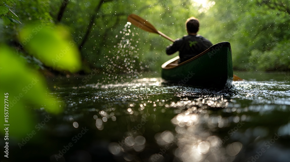 Fototapeta premium A tranquil paddle through the sunlit forest stream capturing the essence of nature's serenity