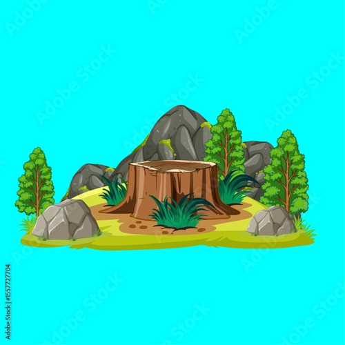 Tranquil Forest Stump: A vibrant illustration of a tree stump at the center of a lush forest scene with green trees and stone elements, presenting a view of nature.