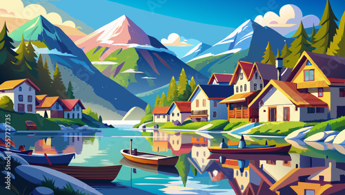 Colorful alpine village mirrored in the calm lake, wooden boats resting gently. Snow-capped mountains in the distance, morning haze adds softness to rooftops and lakeshore cottages.

