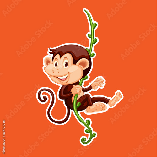Playful Monkey on Vine: A cheerful monkey swings from a verdant vine, its bright eyes and joyful expression capturing the essence of fun and carefree energy against a vibrant background.