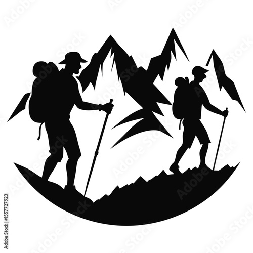 Two hikers with backpacks and poles ascend a rocky mountain landscape