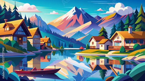 Colorful alpine village mirrored in the calm lake, wooden boats resting gently. Snow-capped mountains in the distance, morning haze adds softness to rooftops and lakeshore cottages.


