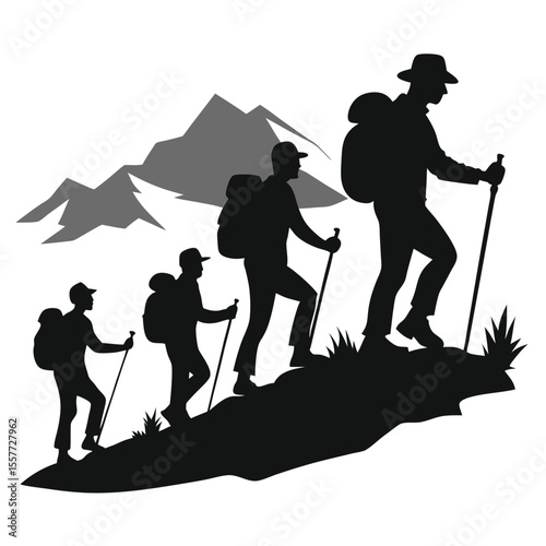 Silhouettes of hikers with backpacks and poles ascending a mountain trail