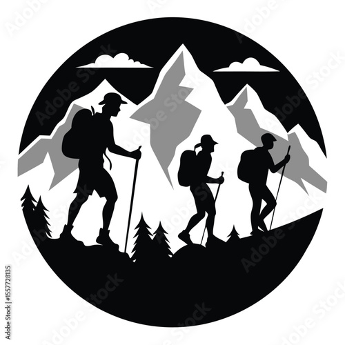 Three hikers with backpacks and poles ascend a mountain range with clouds