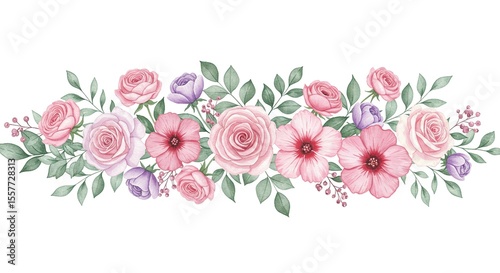 Watercolor floral bouquet with pink roses, red berries, and green leaves – hand-painted botanical illustration on white background.