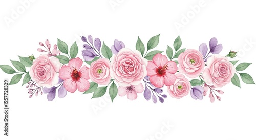 Watercolor floral bouquet with pink roses, red berries, and green leaves – hand-painted botanical illustration on white background.