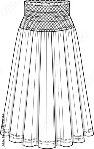Women's Smocked Waist Midi Skirt CAD Drawing Flat Vector Illustration - Fashion Design for Casual, Bohemian, Resort Wear, Apparel Mockup, Template, Flowy Style