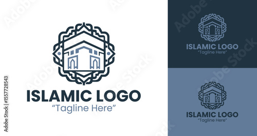 Elegant Islamic Logo with Kaaba and Crescent for Brand Identity and Business Solutions in Light Blue and Dark Blue
