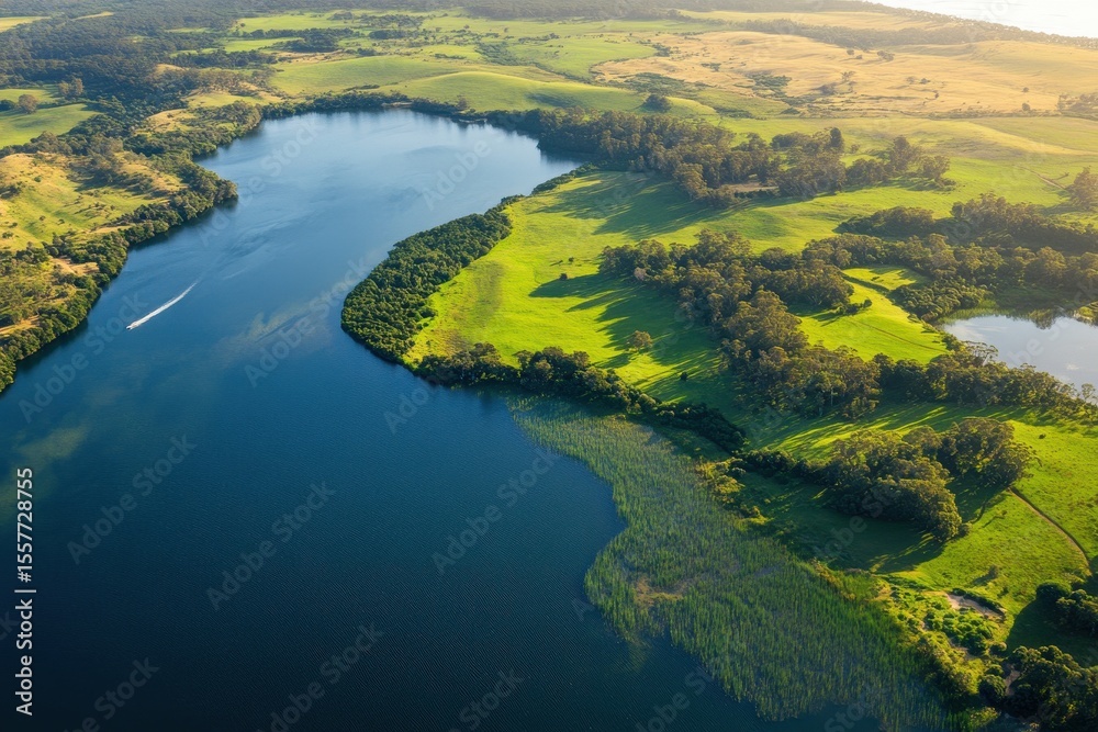 Fototapeta premium Explore the scenic beauty of Wallaga Lake in New South Wales Australia on a sunny day, Wallaga Lake ocean coast in Australia NSW Travel destination aerial view