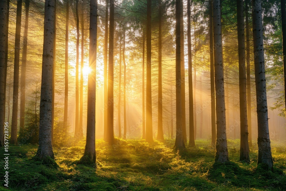 Naklejka premium Golden sunlight filters through tall trees in a tranquil forest, Tranquil forest scene with golden sunlight filtering through tall trees at dawn