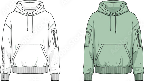 Hoodie front view with zipper sleeve pocket, cad drawing flat vector illustration, fashion technical sketch, casual wear design, men's sweatshirt apparel template