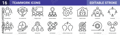 Set of 16 outline icons related to teamwork. Linear icon collection. Editable stroke. Vector illustration. Icons are Team Meeting, Collaboration, Presentation, Brainstorming, Project Planning, Remote 