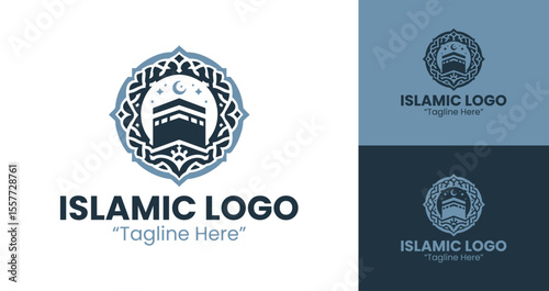 Elegant Islamic Logo with Kaaba Design for Branding and Identity in Light Blue and Dark Blue