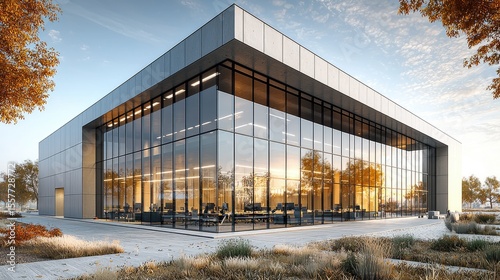 Modern office building with large glass facade and landscaping.