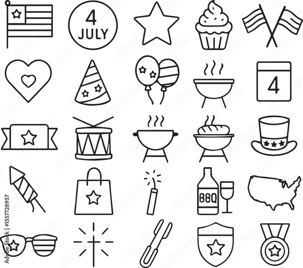 Fototapeta premium 4th of July Celebration Icons – USA Flag, Fireworks, Food, and Patriotic Symbols in Festive Vector Set