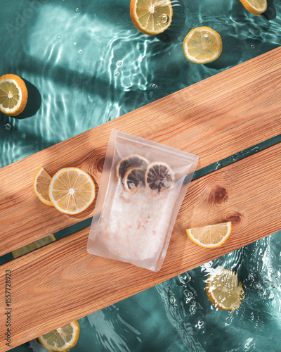  refreshing display of lemon slices and a clear pouch filled with ice, resting on a wooden surface above turquoise water, suggesting summer vibes and relaxation. 