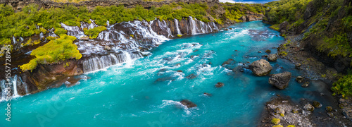 Aerial drone view of Barnafoss and Hraunfossars waterfall in west Iceland