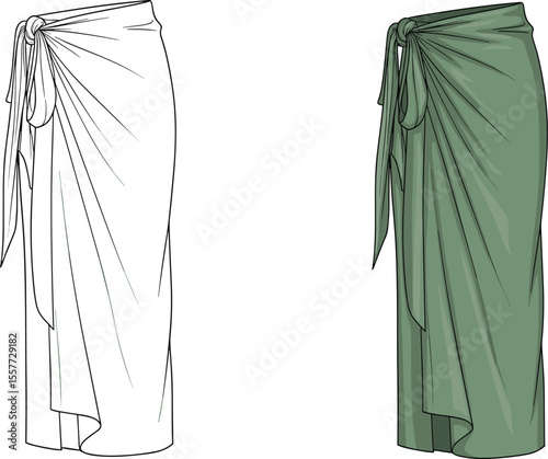 Minimalist Skirt Design with Tie Detail CAD Drawing Flat Vector Illustration