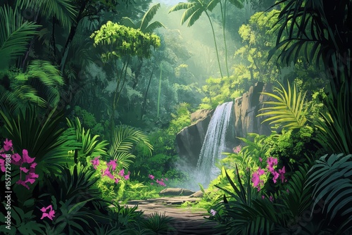 Fototapeta Naklejka Na Ścianę i Meble -  Lush green rainforest with vibrant flowers and cascading waterfall in a serene jungle landscape, Scenic jungle rainforest nature background Asian lush forest wilderness flora