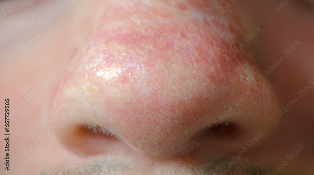 Fototapeta premium Close-Up View of Human Nose with Redness and Skin Irritation, Diagnostic Skin Condition in Dermatology, Close-up Photography of Skin Texture and Issues