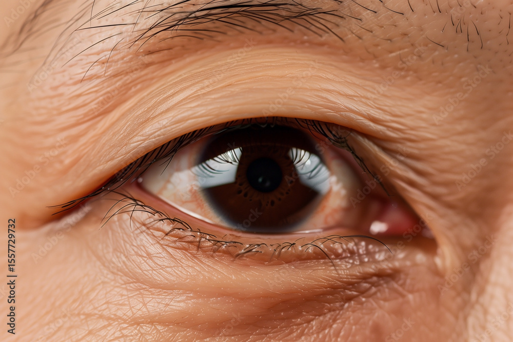 Fototapeta premium This is a striking close-up of a brown human eye. It shows detailed iris patterns, visible blood vessels and the surrounding skin texture. The image captures light reflection and depth perception.