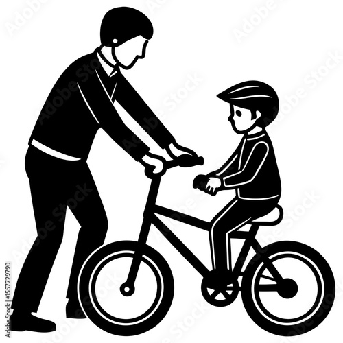 Vector art of father teaches his son to ride a bicycle, a heartwarming family moment isolated on white background