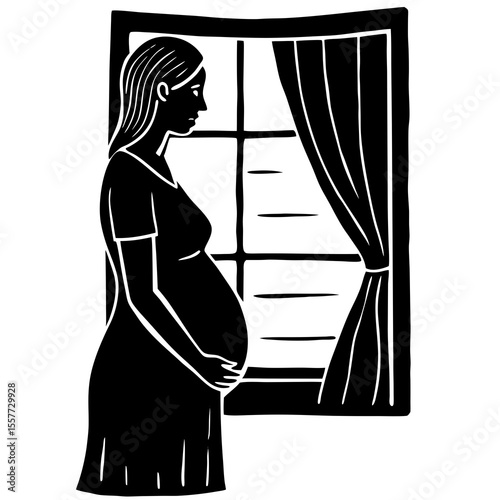 Vector art of a pregnant woman looking out a window, isolated on white background