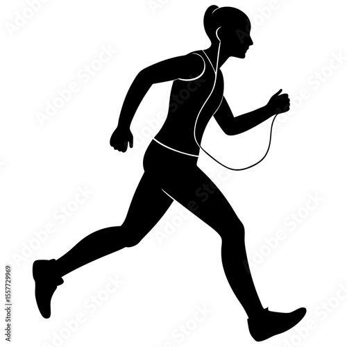 Vector art of a woman runs while listening to music, her silhouette isolated on white background