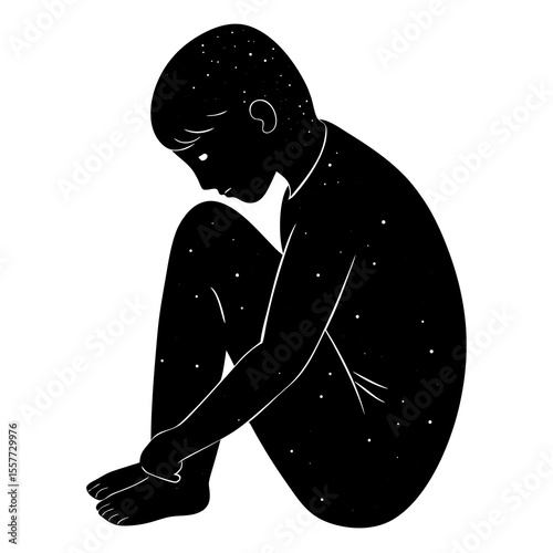Vector art of a sad boy sits alone, his silhouette filled with stars isolated on white background