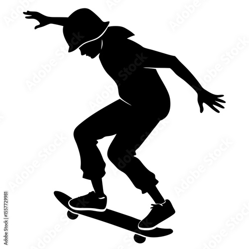 Vector art of a boy performs a skateboarding trick, his silhouette isolated on white background