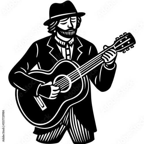 Vector art of a bearded man in a hat plays an acoustic guitar, isolated on white background