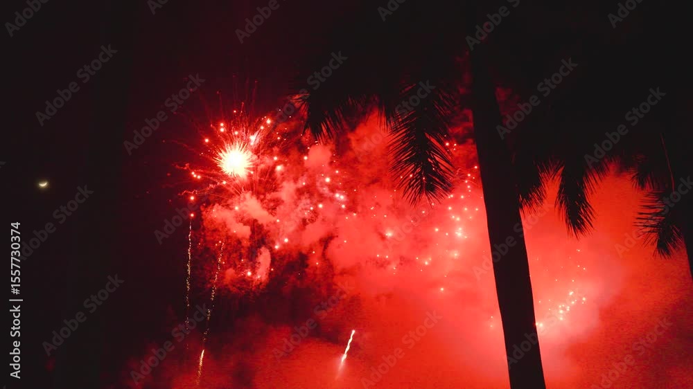 Vibrant red and gold fireworks bursting behind silhouetted palm trees, illuminating dark tropical night with explosive festive energy and dazzling pyrotechnic brilliance