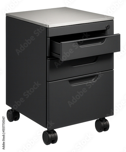 A mobile file cabinet with rolling casters, useful for storing documents and moving them around a co-working space.