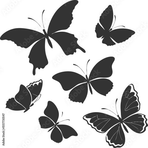 A group of silhouette butterflies are isolated against white, with varying shapes and sizes spread around
