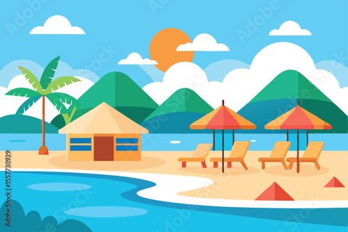 Cartoon Beach with Bungalow, Palm Tree, Lounge Chairs, Umbrellas and Mountains in the Background