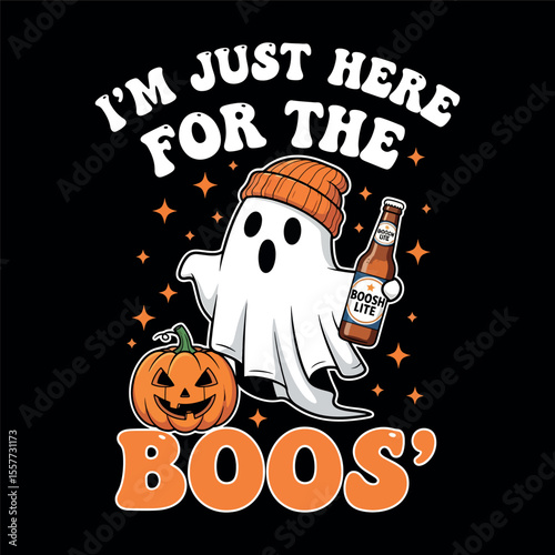 I'm Just Here for the Boos PNG - Funny Ghost Drinking Beer Halloween T-Shirt Design, Retro Spooky Party Clipart.