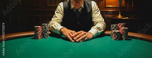 Poker Player - Intense Focus at the Table, A man in a suit and tie sits at a green poker table, surrounded by stacks of poker chips.