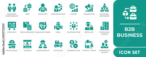 B2B Icon Set featuring business networking, partnerships, SaaS, analytics, deals, and collaboration. Perfect for B2B platforms, websites, apps, and marketing visuals.