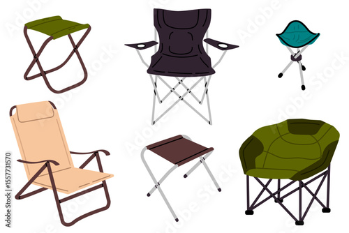 Set of six different camping chairs and stools isolated on white background. Various portable outdoor seats for hiking, fishing, picnic, and travel.