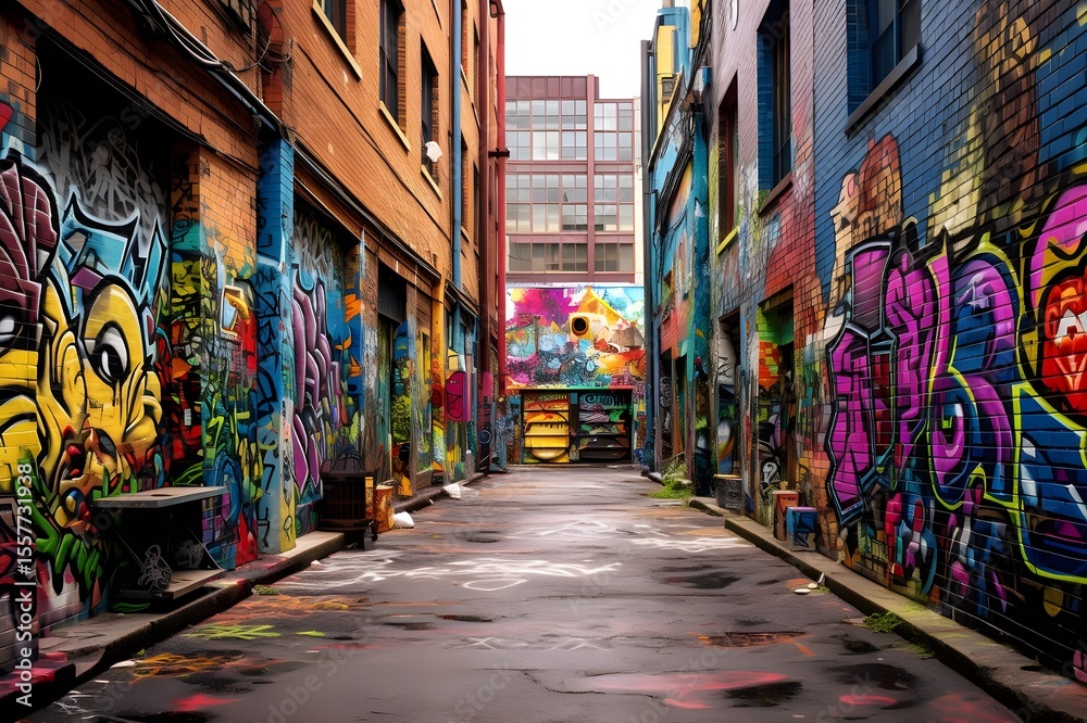 Fototapeta premium Graffiti Alley: An urban alley adorned with vibrant graffiti, capturing the raw and expressive nature of street art in an urban setting