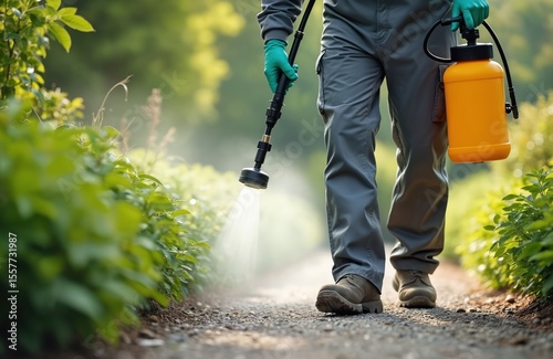 Wallpaper Mural Technician sprays pesticide, herbicide in garden. Worker uses modern equipment protecting plants from diseases. Agriculture, farming, plant protection concept. Crop care. Gardening, cultivation. Torontodigital.ca