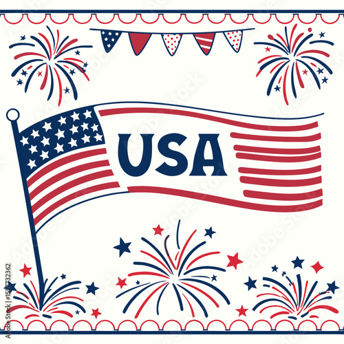 4th of July border, USA banner, fireworks pattern background 