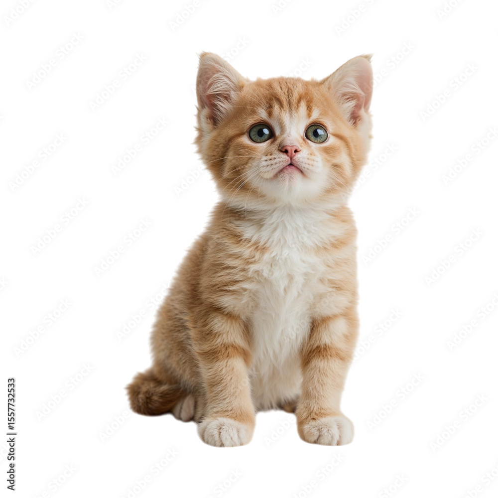 Obraz premium Adorable ginger tabby kitten with green eyes sitting isolated on a transparent background