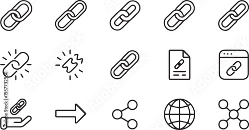 Several link icons demonstrate connections, networking, and linking, and the symbols could indicate broken links, websites, and connections worldwide on a minimalist background.
