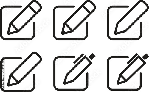 Edit icon set. Edit text buttons isolated on transparent background. Notepad edit documents icon with pencil and pen. Create modify pen sign button. Writing, drawing, editing vector illustration.