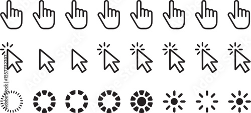 Black and white illustration featuring various computer cursors, hand pointers, and loading symbols in a simple design, ideal for web design elements or user interface concepts.