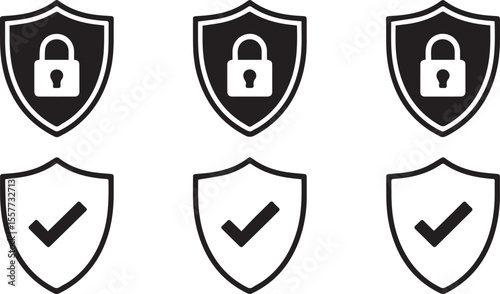 Secure shield symbols are displayed in a repeating pattern, representing protection and verification, suitable for technology, internet security or business process concepts on a white background.
