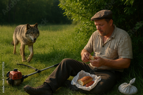 
wolf and man in haymaking